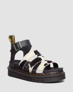 BLACK / COW PRINT Dr Martens Blaire Hair-On Cow Print Strap Sandals Platforms Sandals | YS87-A7HP