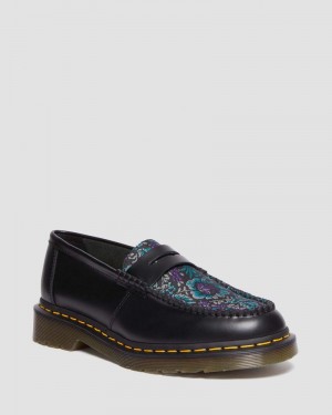 BLACK / FLORAL Dr Martens Penton Floral Jacquard Loafers Shoes | BC33-J4US