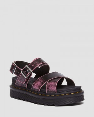 Black/Fondant Pink Dr Martens Voss II Distressed Leather Platform Sandals (Two Tone Rub Off) Platforms Sandals | QP43-P8PG