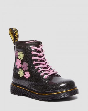 Black+Multi Dr Martens Toddler 1460 Glitter & Flower Applique Lace Up Boots (Coated Glitter Pu+Athena) Boots | MB31-C5NE