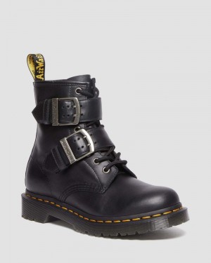 Black Dr Martens 1460 Buckle Pull Up Leather Lace Up Boots (Pull Up) Boots | SZ21-B3AR