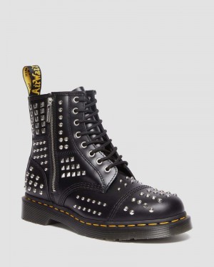 Black Dr Martens 1460 Studded Zip Atlas Leather Lace Up Boots (Atlas) Boots | ZO13-Z9EP