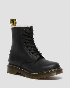 Black Dr Martens 1460 - Faux Fur Lined Lace Up Boots (Burnished Wyoming) Boots | NW95-A4RJ