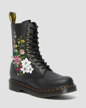 Black Dr Martens 1490 Floral Bloom Leather Mid-Calf Boots (Nappa Leather) Boots | NI04-T5GS