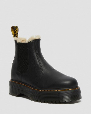 Black Dr Martens 2976 Faux Fur Lined Platform Chelsea Boots (Pisa) Platforms Boots | TU47-N7YK