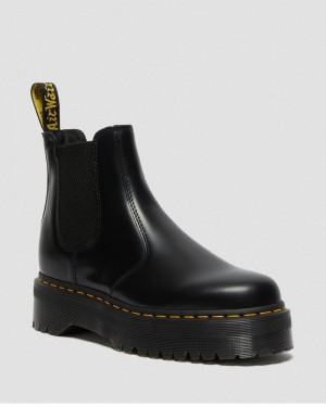 Black Dr Martens 2976 Smooth Leather Platform Chelsea Boots (Polished Smooth) Platforms Boots | UK59-Y9ZP