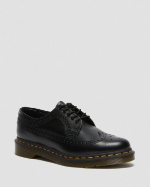 Black Dr Martens 3989 Yellow Stitch Smooth Leather Brogue Shoes (Smooth Leather) Shoes | AI52-E8FJ