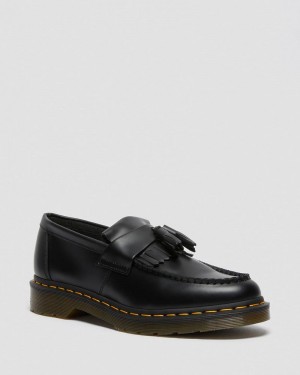 Black Dr Martens Adrian Yellow Stitch Leather Tassel Loafers (Smooth Leather) Shoes | IO67-G6KR