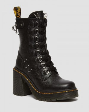 Black Dr Martens Chesney Piercing Leather Flared Heel Lace Up Boots (Milled Nappa) Platforms Boots | ZP13-M6SA