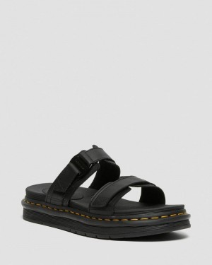 Black Dr Martens Chilton Men's Leather Slide Sandals (Hydro Leather) Sandals | YB47-U3LG