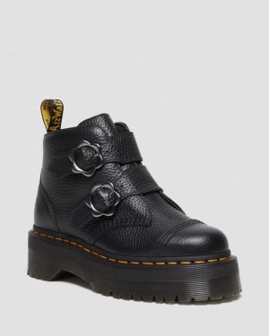 Black Dr Martens Devon Flower Buckle Leather Platform Boots (Milled Nappa) Platforms Boots | SG41-H7WP