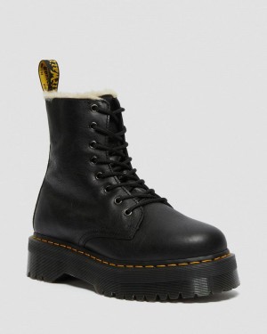 Black Dr Martens Jadon Boot Leather Faux Fur Lined Platforms (Pisa) Platforms Boots | PA57-M7GV