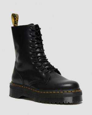 Black Dr Martens Jadon Hi Boot Smooth Leather Platforms (Polished Smooth) Platforms Boots | MO30-R9DU