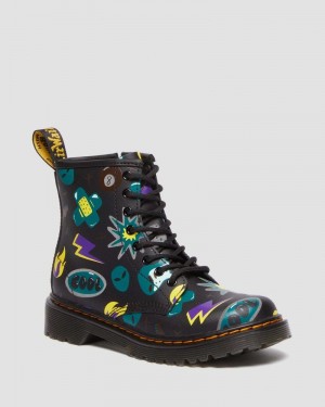 Black Dr Martens Junior 1460 Sticker Print Leather Lace Up Boots (Sticker Print Hydro) Boots | EI05-Z1WY