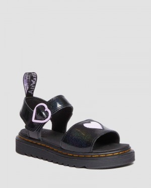 Black Dr Martens Junior Marlowe Shimmer Heart Strap Sandals (Galaxy Shimmer) Sandals | PX86-E6SK