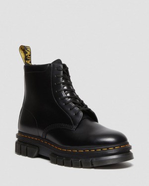 Black Dr Martens Rikard Smooth Leather Platform Lace Up Boots (Polished Smooth) Platforms Boots | AX57-O4EZ