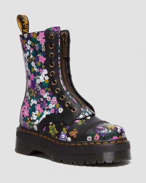 Black Dr Martens Sinclair Hi Vintage Floral Platform Boots (Backhand Strawgrain) Platforms Boots | JE67-S0XX