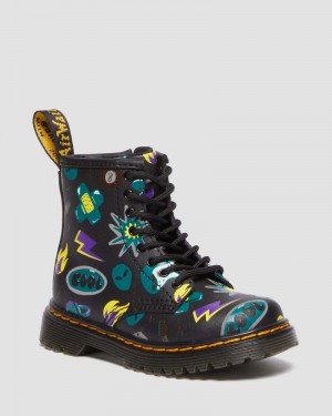 Black Dr Martens Toddler 1460 Sticker Print Leather Lace Up Boots (Sticker Print Hydro) Boots | DZ82-M6RC