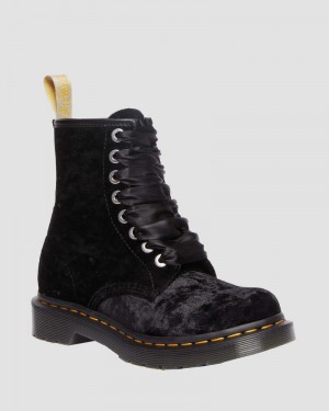 Black Dr Martens Vegan 1460 - Crushed Velvet Lace Up Boots (Crushed Velvet) Boots | UV55-L7PN