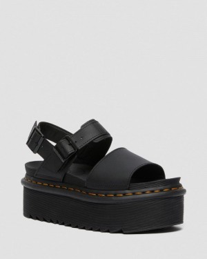 Black Dr Martens Voss - Leather Strap Platform Sandals (Hydro Leather) Platforms Sandals | JK70-P9GI