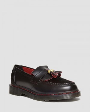 Black / Red / Black Dr Martens Adrian Year of the Dragon Hair-On Tassel Loafers (Smooth Slice+Hair On) Shoes | DJ34-F9OM