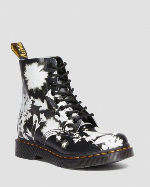 Black / White Dr Martens 1460 Pascal Floral Shadow Leather Lace Up Boots (Backhand) Boots | NC14-R4YO