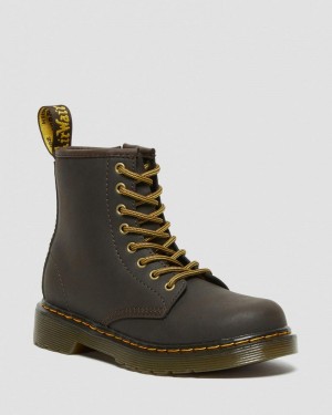 Dark Brown Dr Martens Junior 1460 Wildhorse Leather Lace Up Boots (Wildhorse Lamper) Boots | IB35-B6OW