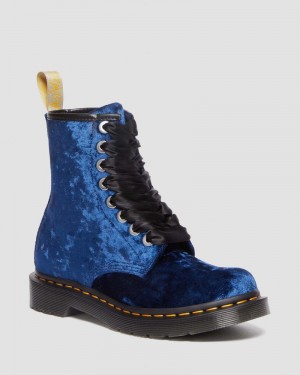 Deep Blue Dr Martens Vegan 1460 - Crushed Velvet Lace Up Boots (Crushed Velvet) Boots | SL78-S2IL