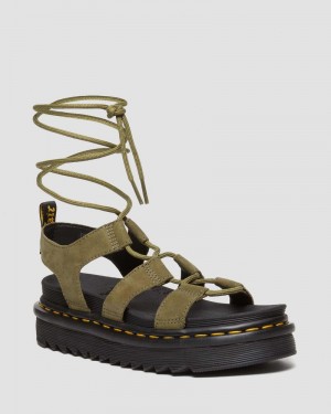 Muted Olive Dr Martens Nartilla Tumbled Nubuck Leather Gladiator Sandals (Tumbled Nubuck) Platforms Sandals | TM16-M0ZS