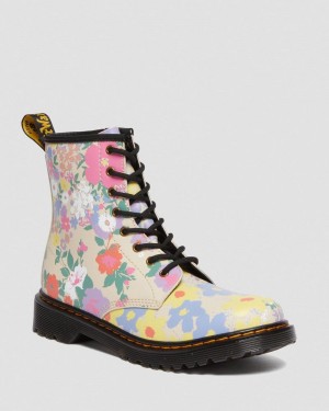 Parchment Beige Dr Martens Youth 1460 Floral Mash Up Leather Lace Up Boots (Floral Mash Up K Hydro) Boots | ER03-J3LY