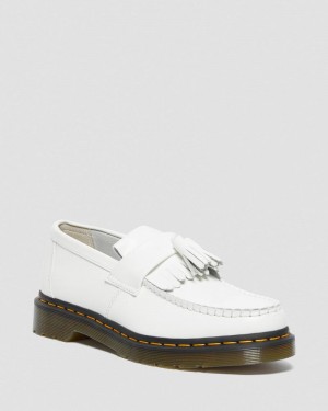 White Dr Martens Adrian Yellow Stitch Leather Tassel Loafers (Smooth Leather) Shoes | YU72-K1OR