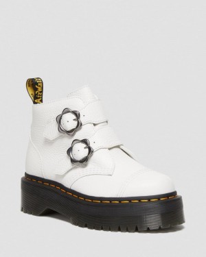 White Dr Martens Devon Flower Buckle Leather Platform Boots (Milled Nappa) Platforms Boots | OQ30-B2YS