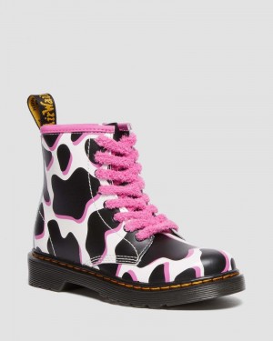 White Dr Martens Junior 1460 Cow Print Patent Leather Lace Up Boots (Cow Print Patent Lamper) Boots | EY45-Z7FV