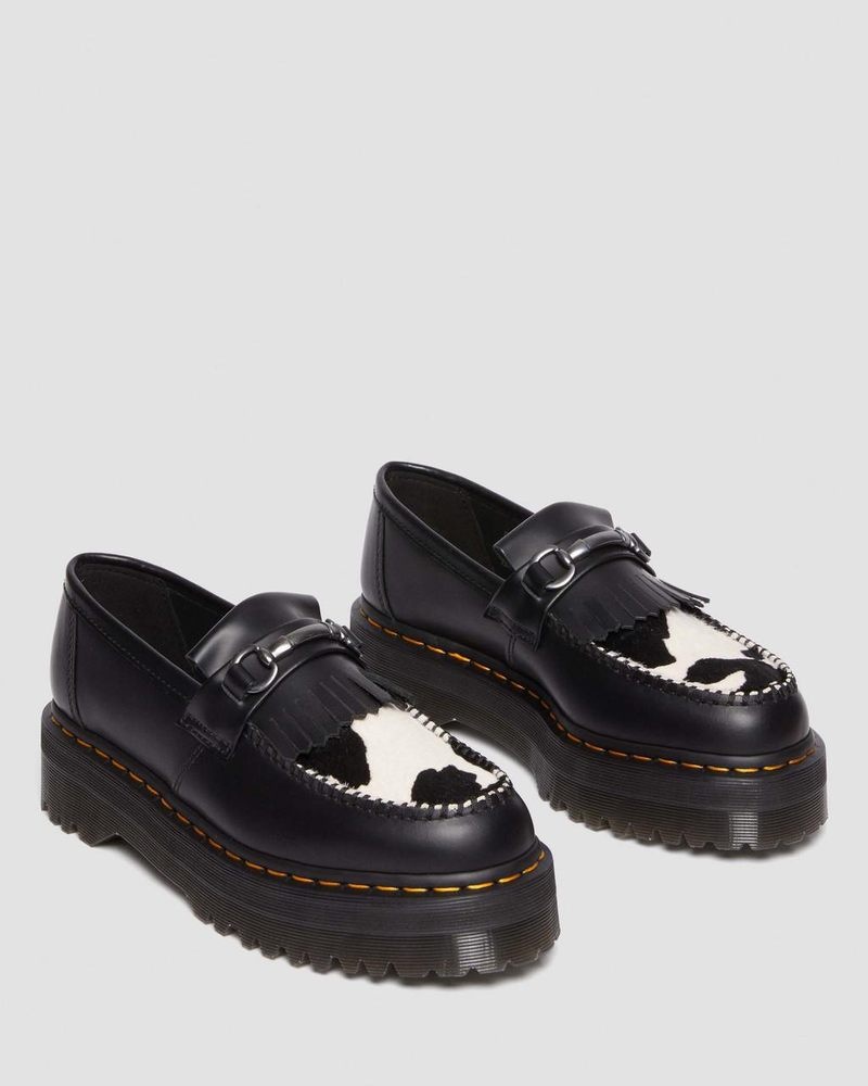 BLACK/COW PRINT Dr Martens Adrian Snaffle Hair On & Leather Cow Print Kiltie Loafers (Smooth+Hair On) Platforms | HX81-W4PG