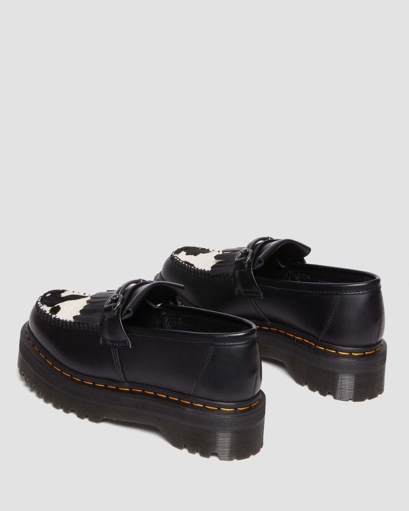 BLACK/COW PRINT Dr Martens Adrian Snaffle Hair On & Leather Cow Print Kiltie Loafers (Smooth+Hair On) Platforms | HX81-W4PG