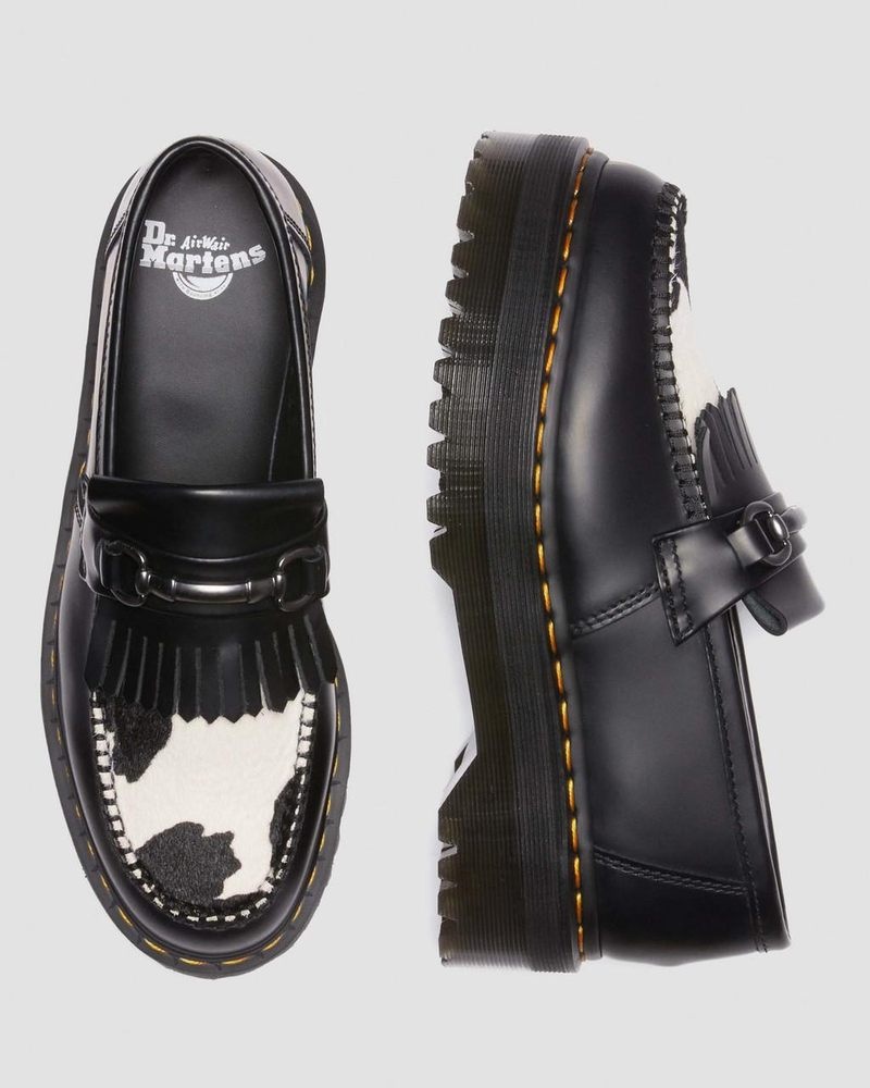 BLACK/COW PRINT Dr Martens Adrian Snaffle Hair On & Leather Cow Print Kiltie Loafers (Smooth+Hair On) Platforms | HX81-W4PG