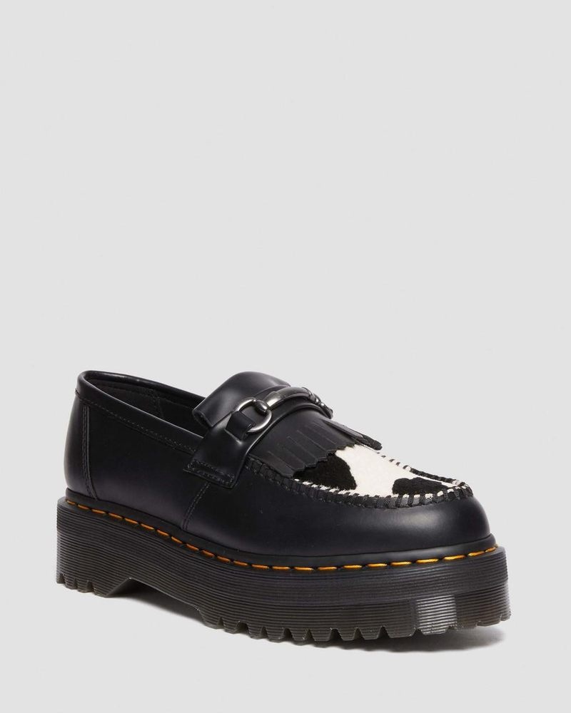 BLACK/COW PRINT Dr Martens Adrian Snaffle Hair On & Leather Cow Print Kiltie Loafers (Smooth+Hair On) Platforms | HX81-W4PG