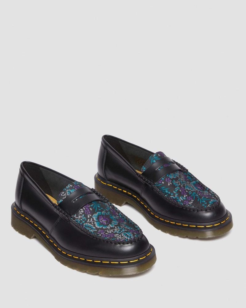 BLACK/FLORAL Dr Martens Penton Floral Jacquard Loafers Shoes | SC76-Q7QZ