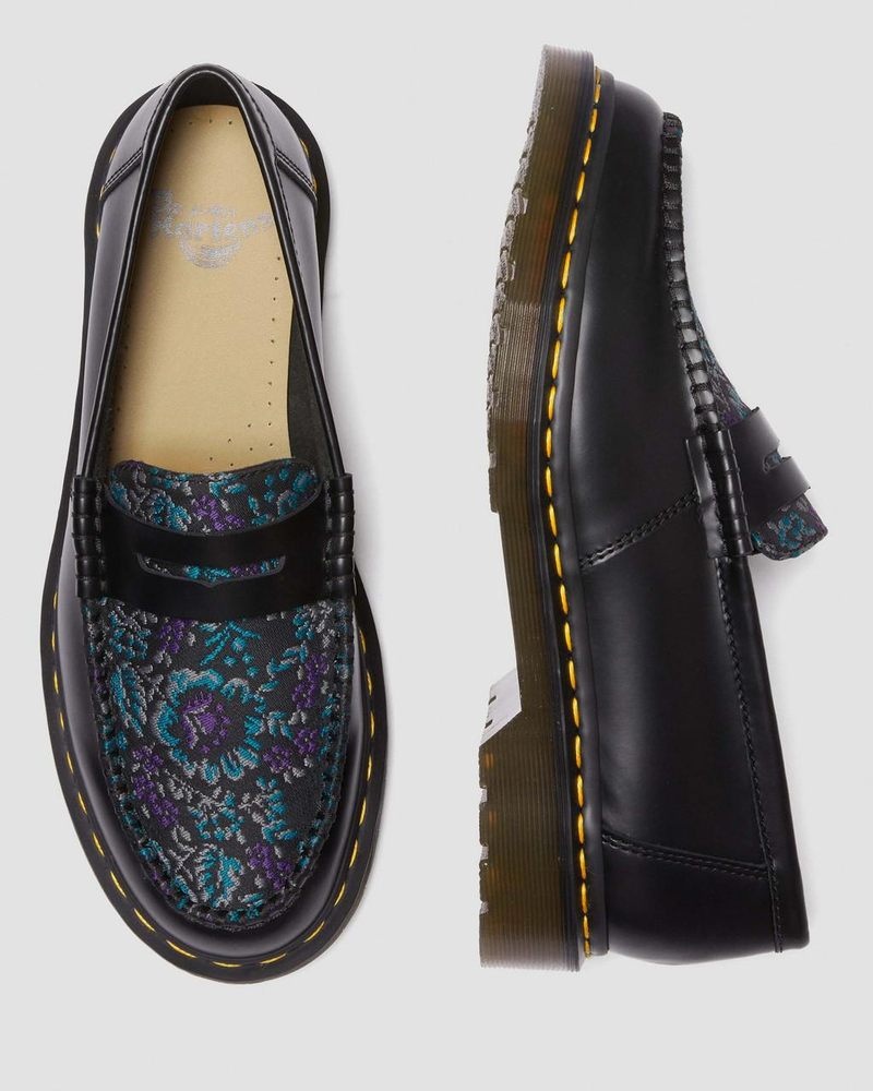 BLACK/FLORAL Dr Martens Penton Floral Jacquard Loafers Shoes | SC76-Q7QZ