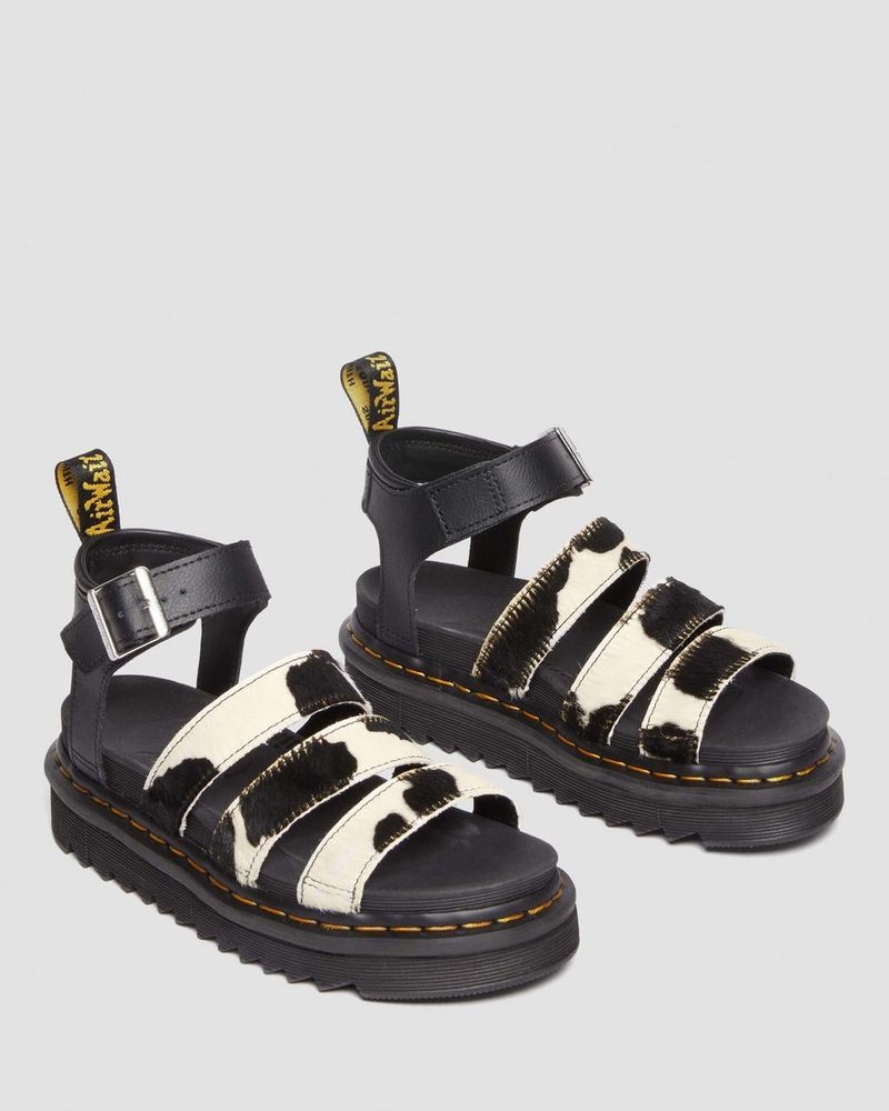 BLACK / COW PRINT Dr Martens Blaire Hair-On Cow Print Strap Sandals Platforms Sandals | YS87-A7HP