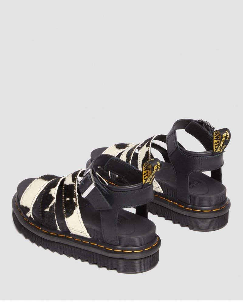 BLACK / COW PRINT Dr Martens Blaire Hair-On Cow Print Strap Sandals Platforms Sandals | YS87-A7HP