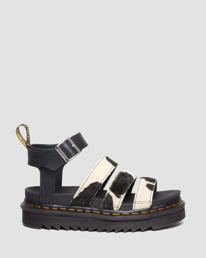 BLACK / COW PRINT Dr Martens Blaire Hair-On Cow Print Strap Sandals Platforms Sandals | YS87-A7HP