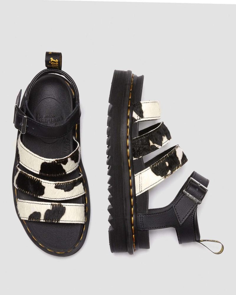 BLACK / COW PRINT Dr Martens Blaire Hair-On Cow Print Strap Sandals Platforms Sandals | YS87-A7HP