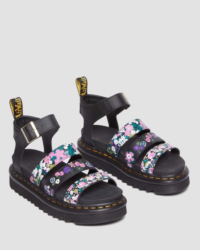 BLACK / PINK FLORAL Dr Martens Blaire Vintage Floral Leather Strap Sandals (Hydro Vintage Floral) Shoes | RP42-D3UU