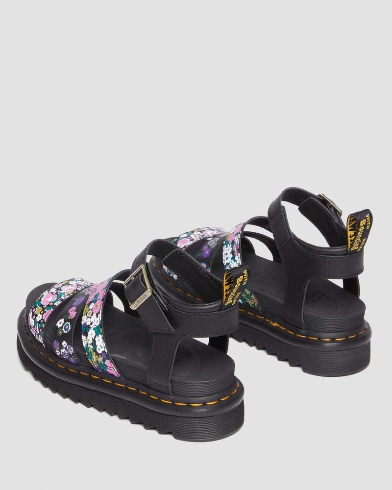 BLACK / PINK FLORAL Dr Martens Blaire Vintage Floral Leather Strap Sandals (Hydro Vintage Floral) Shoes | RP42-D3UU