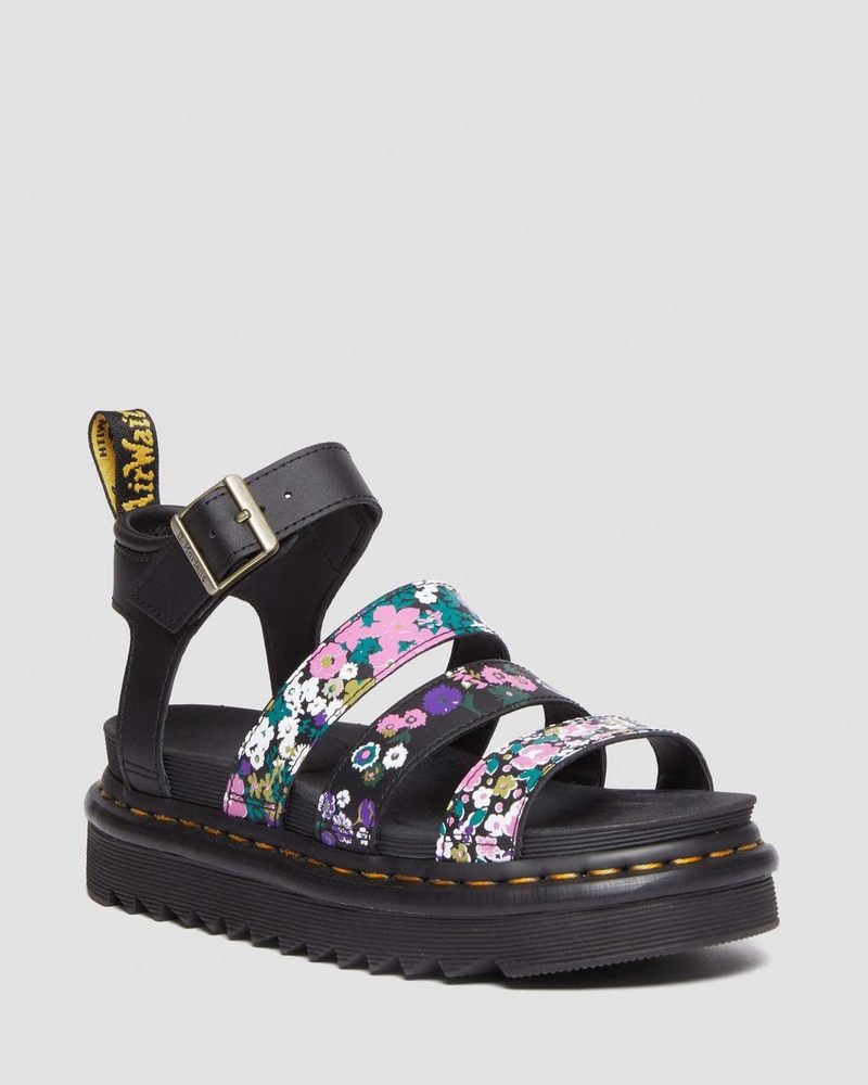 BLACK / PINK FLORAL Dr Martens Blaire Vintage Floral Leather Strap Sandals (Hydro Vintage Floral) Shoes | RP42-D3UU