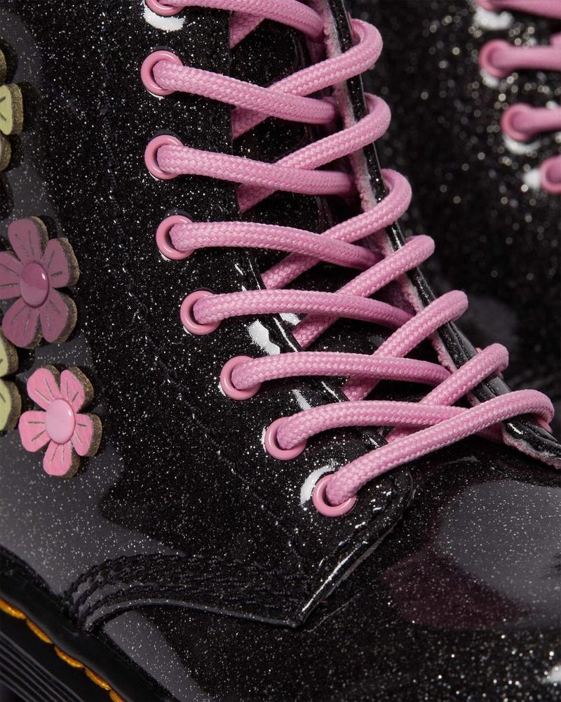 Black+Multi Dr Martens Toddler 1460 Glitter & Flower Applique Lace Up Boots (Coated Glitter Pu+Athena) Boots | MB31-C5NE