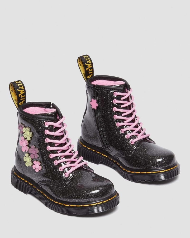 Black+Multi Dr Martens Toddler 1460 Glitter & Flower Applique Lace Up Boots (Coated Glitter Pu+Athena) Boots | MB31-C5NE