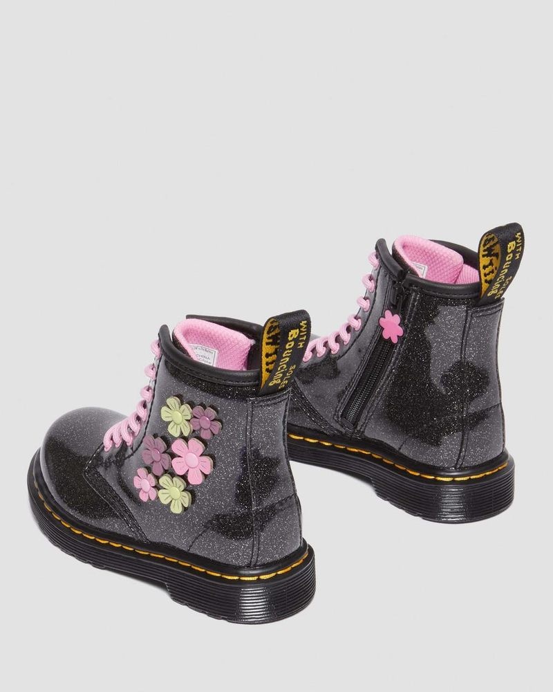 Black+Multi Dr Martens Toddler 1460 Glitter & Flower Applique Lace Up Boots (Coated Glitter Pu+Athena) Boots | MB31-C5NE