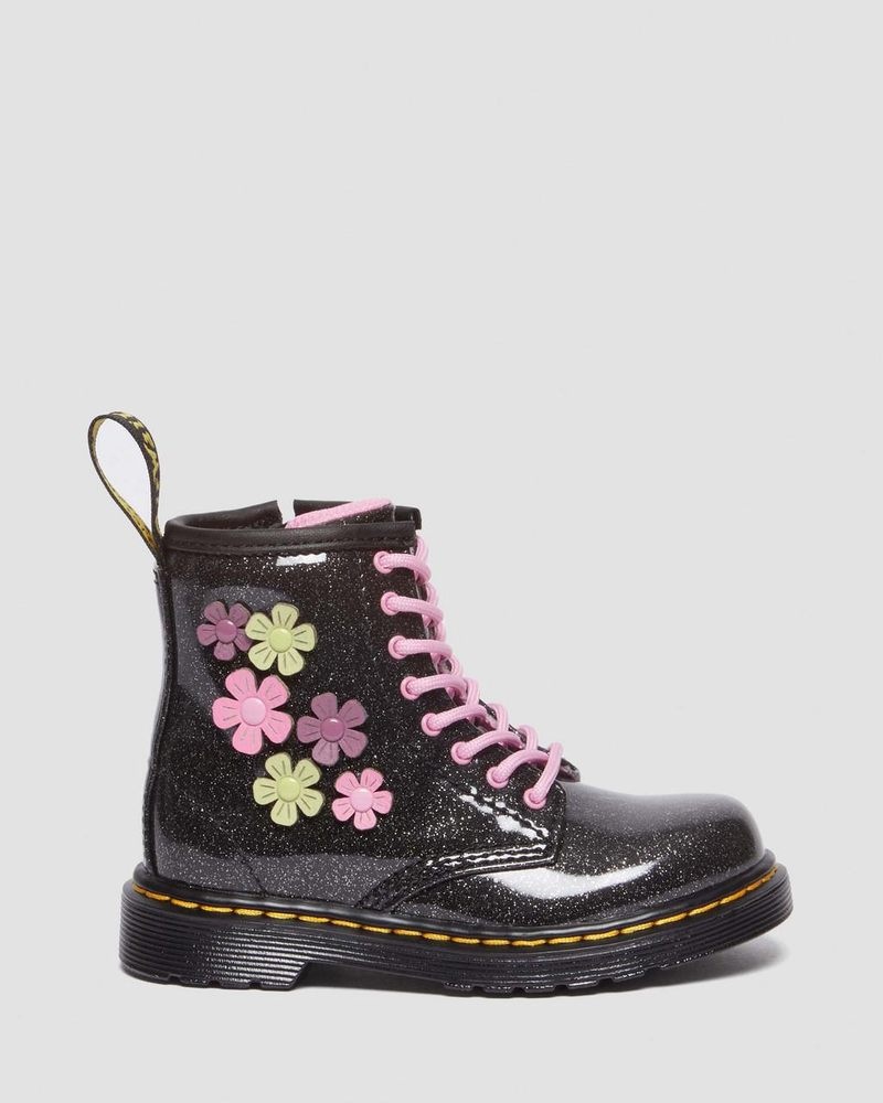 Black+Multi Dr Martens Toddler 1460 Glitter & Flower Applique Lace Up Boots (Coated Glitter Pu+Athena) Boots | MB31-C5NE